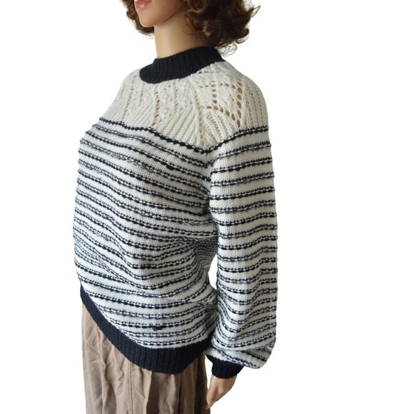 143 Story Boutique Stripe Pointelle Detail Crew Neck Sweater Women's Size Small - Picture 5 of 12